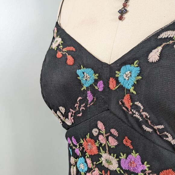 Y2K Midi Dress Cocktail Gown 14 Black Fairy Goth Vintage Floral Embroidery Mesh - Picture 6 of 12